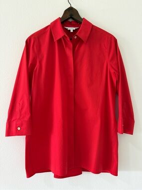 Foxcroft NYC Non-Iron Stretch Red Poppy Tunic Collared 3/4 Sleeve Shirt Womens 6